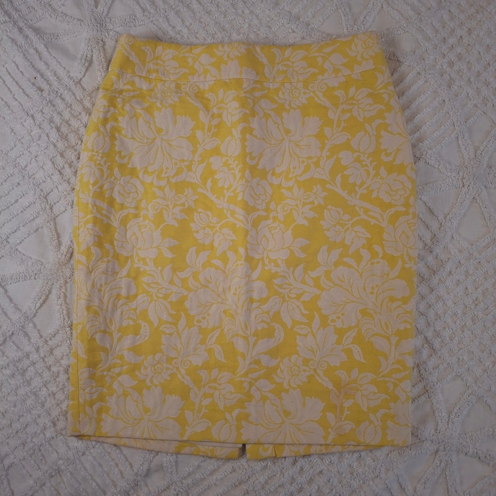 Ann Taylor Yellow Floral Damask‎ Jacquard Pencil Skirt Size 2 Cotton Blend Lined